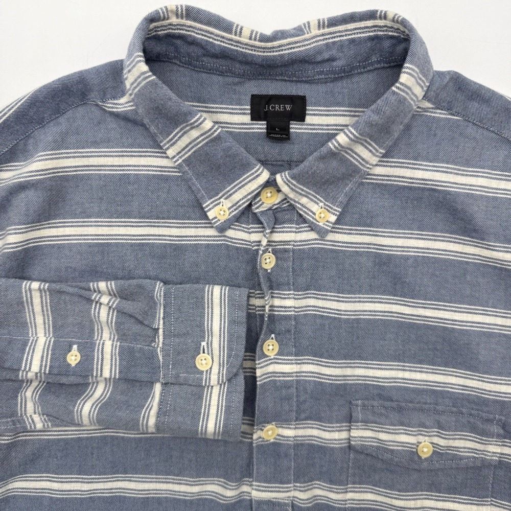 J.Crew Popover Shirt Mens Large Blue Striped Button-Down Long Sleeve Flap Pocket